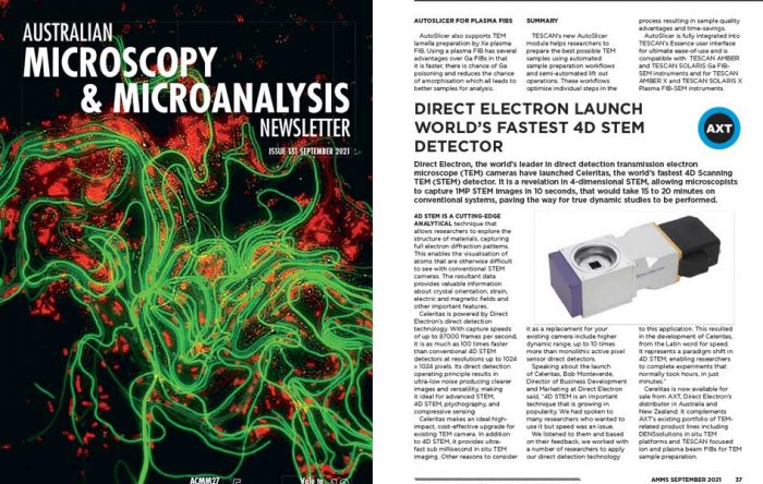 Direct Electron Celeritas launch covered in AMMS Newsletter