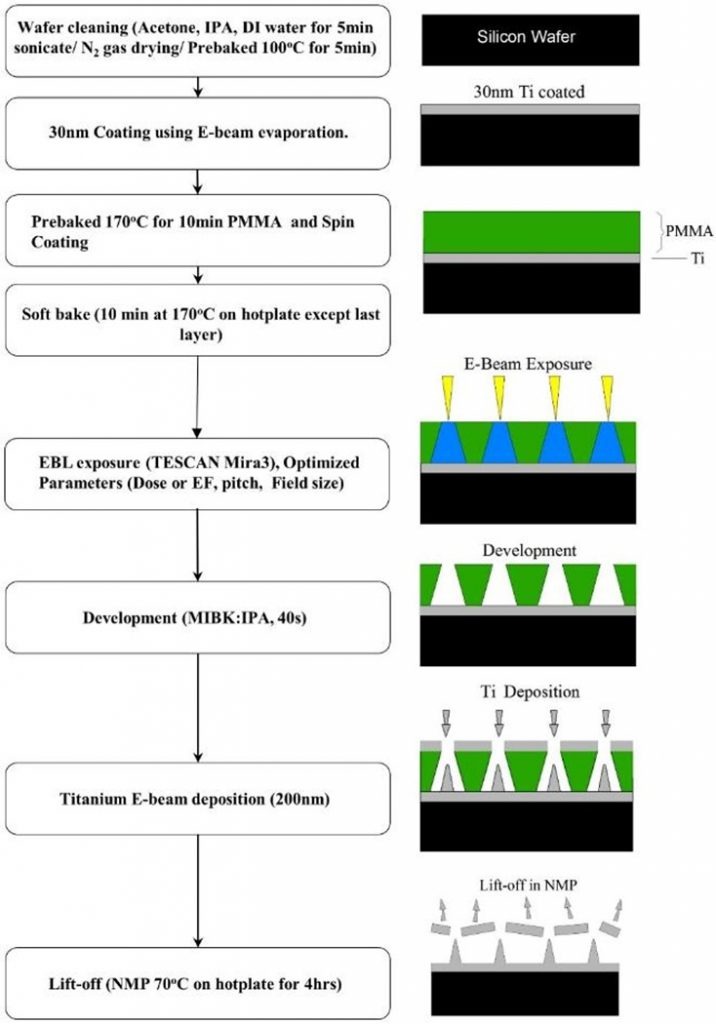 The fabrication process for biomimicked nanopillars using EBL.