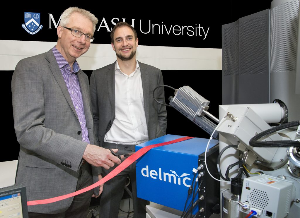 Prof. Albert Polman (AMOLF) and Sander van Hoedt (DELMIC) at the opening of Monash University's Advanced Cathodoluminescence Characterisation Facility.