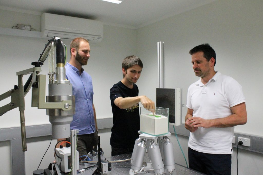 Dr Benjy Marks, Dr François Guillard, and Prof Itai Einav in the DynamiX Lab studying granular flow using custom X-ray equipment.