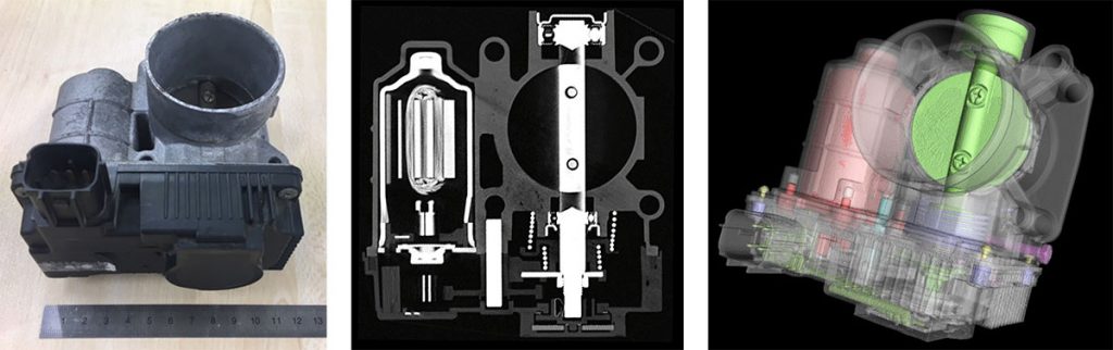 CT imaging of a throttle body scanned with an Yxlon Comet UX50 using a linear detector.